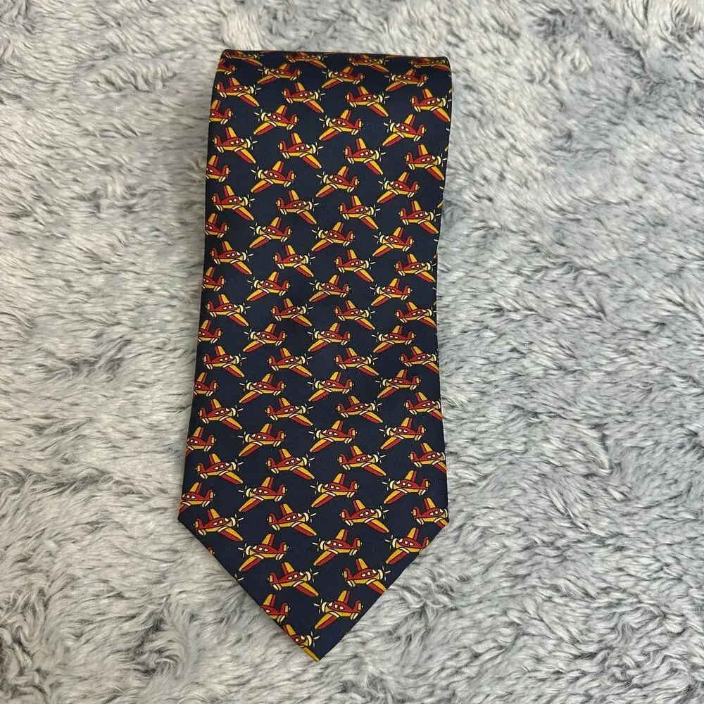 La Cravatta Giofer Roma Navy Yellow Orange Airplane Neck Tie 100% Silk Aviation